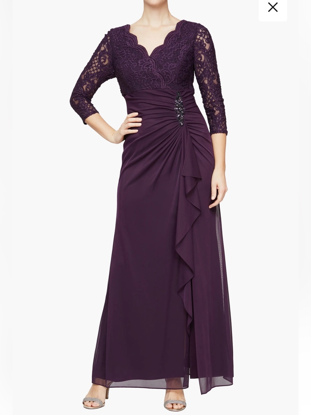 Alex Evenings Eggplant Bodice Long Sleeve Evening Gown